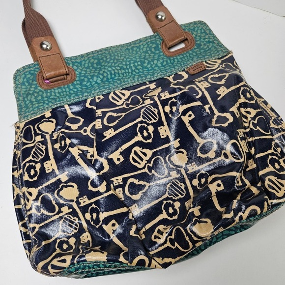 Fossil Key-Per Tote Shoulder Bag Teal Blue Navy Coated Purse Shopper - Picture 2 of 10